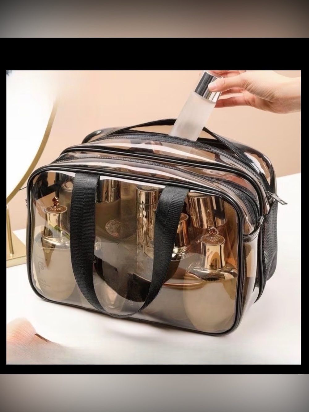 PVC Transparent Cosmetic Carry Bag with Black Handles